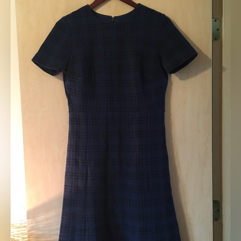 Ann Taylor Trapeze Midi Dress Size 6P Short Sleeve Back Zip Plaid Blue Black New